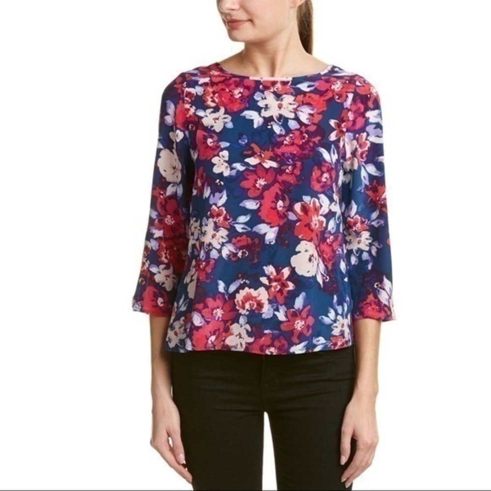 Yumi Kim Turn Around Floral Open Back Silk 3/4 Sleeve Top Blouse Navy Pink Small